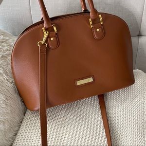 joy & iman tan pebbled leather zip bag large